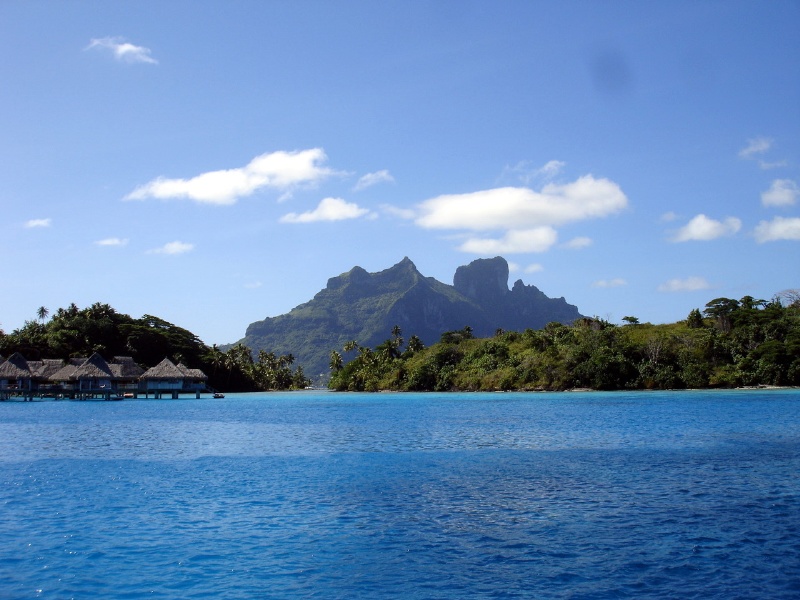 Calm anchorage south of Toopua Iti, Bora Bora with Mount Otemanu in the distance