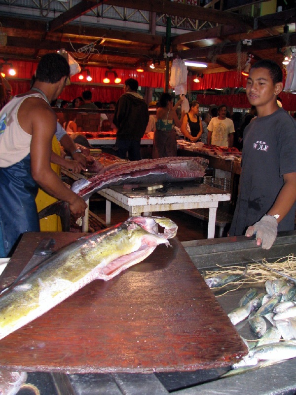 Cutting down the massive fish for market.