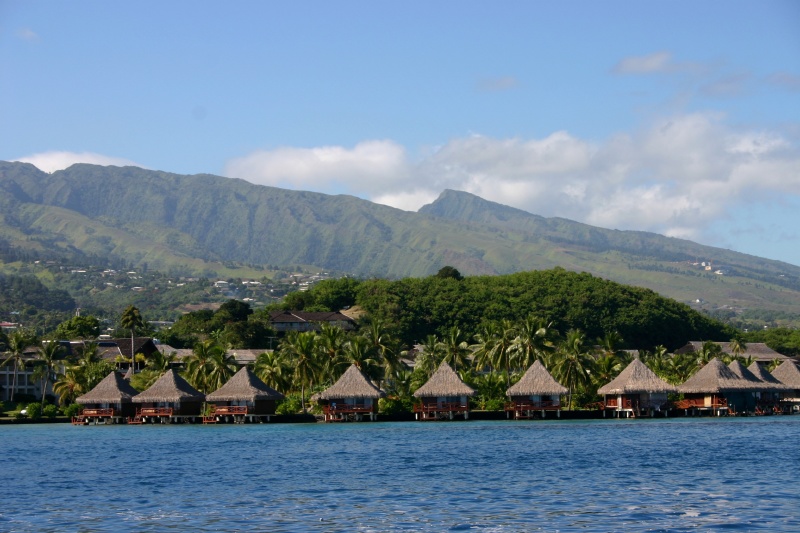 One of many resorts on the waters edge in Tahiti.